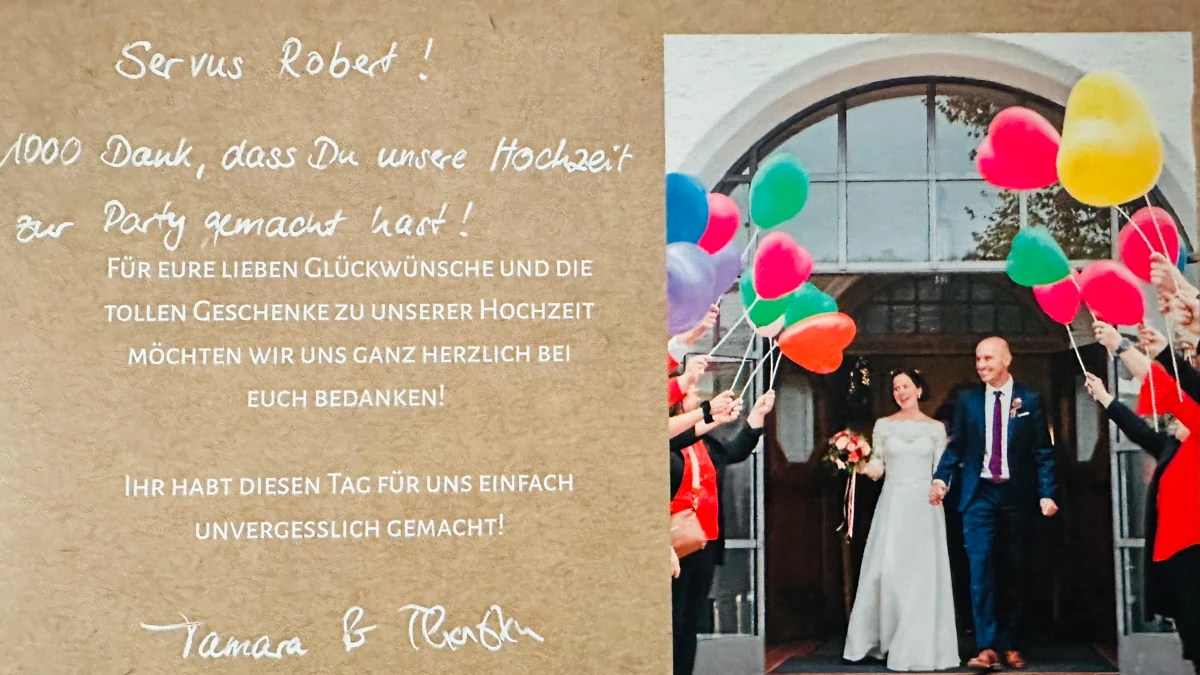 Persönliche Hochzeits-Dankeskarte: Danke, dass du unsere Hochzeit zur Party gemacht hast