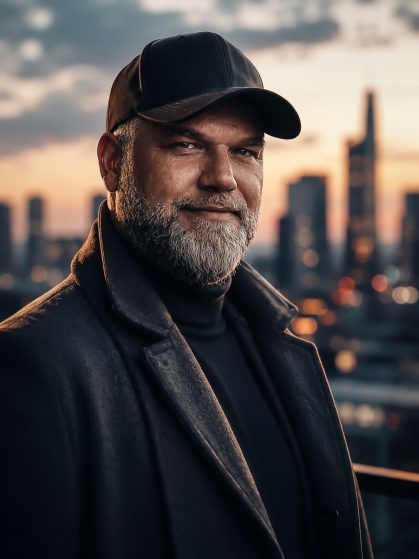Robert James Perkins wearing a cap in front of a skyline